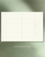 Weekly planner sheet with grid layout on a green textured background