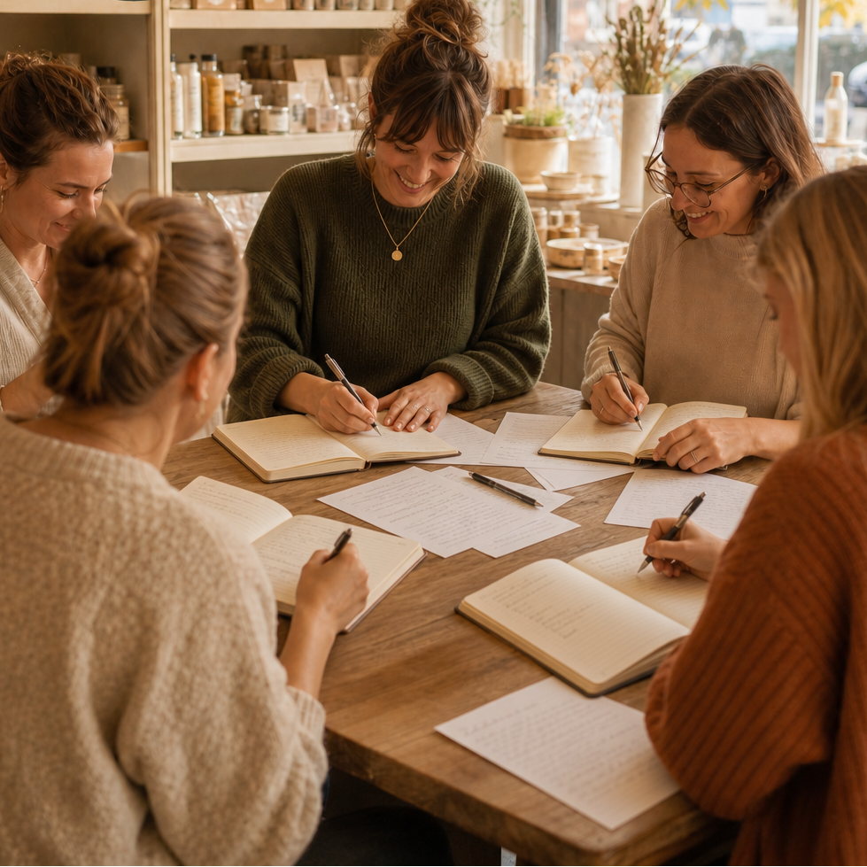 A group of five women gathered around a wooden table in a cozy, sunlit craft or journaling studio, writing in notebooks. Shelves in the background display various jars and bottles.