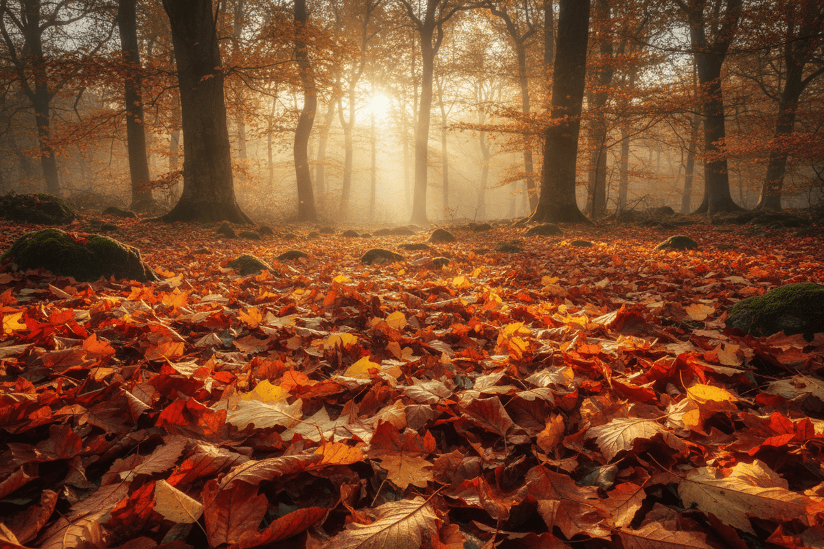 A misty autumn forest scene with tall tree trunks, golden sunlight streaming through the woods, and a forest floor densely covered in orange, red, yellow, and brown fallen leaves.