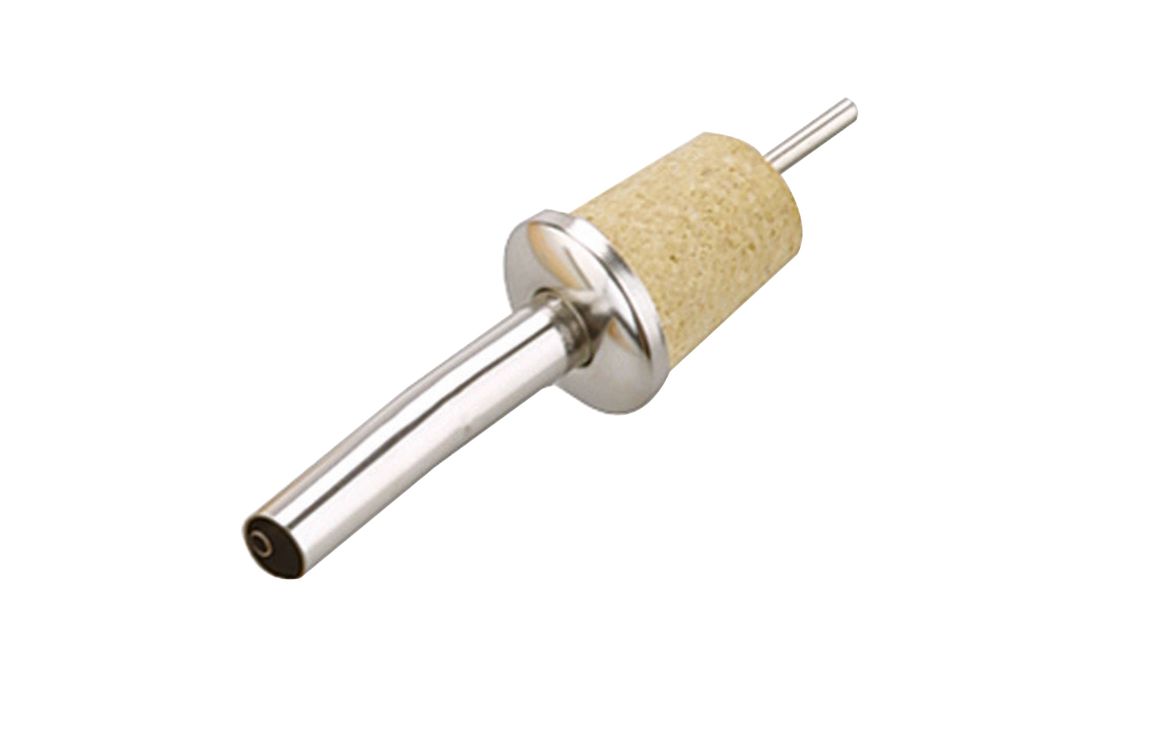 Metal bottle spout with cork-like end on a white background