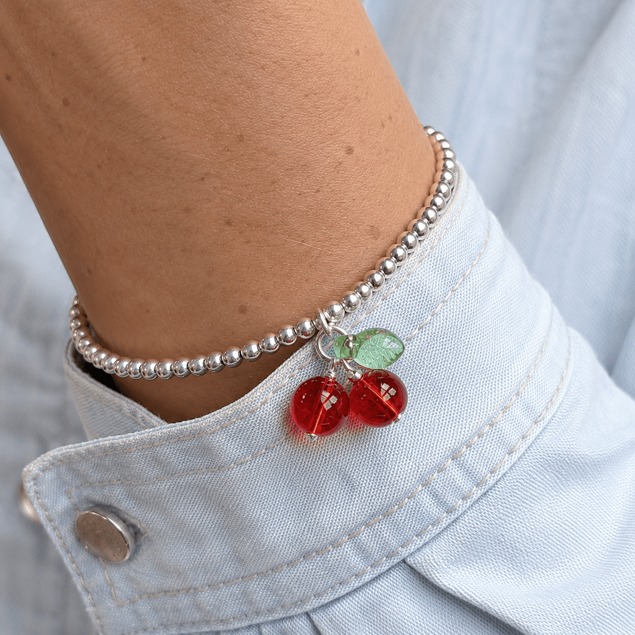 Glass Cherry Beaded Stretch Bracelet: Yellow Gold