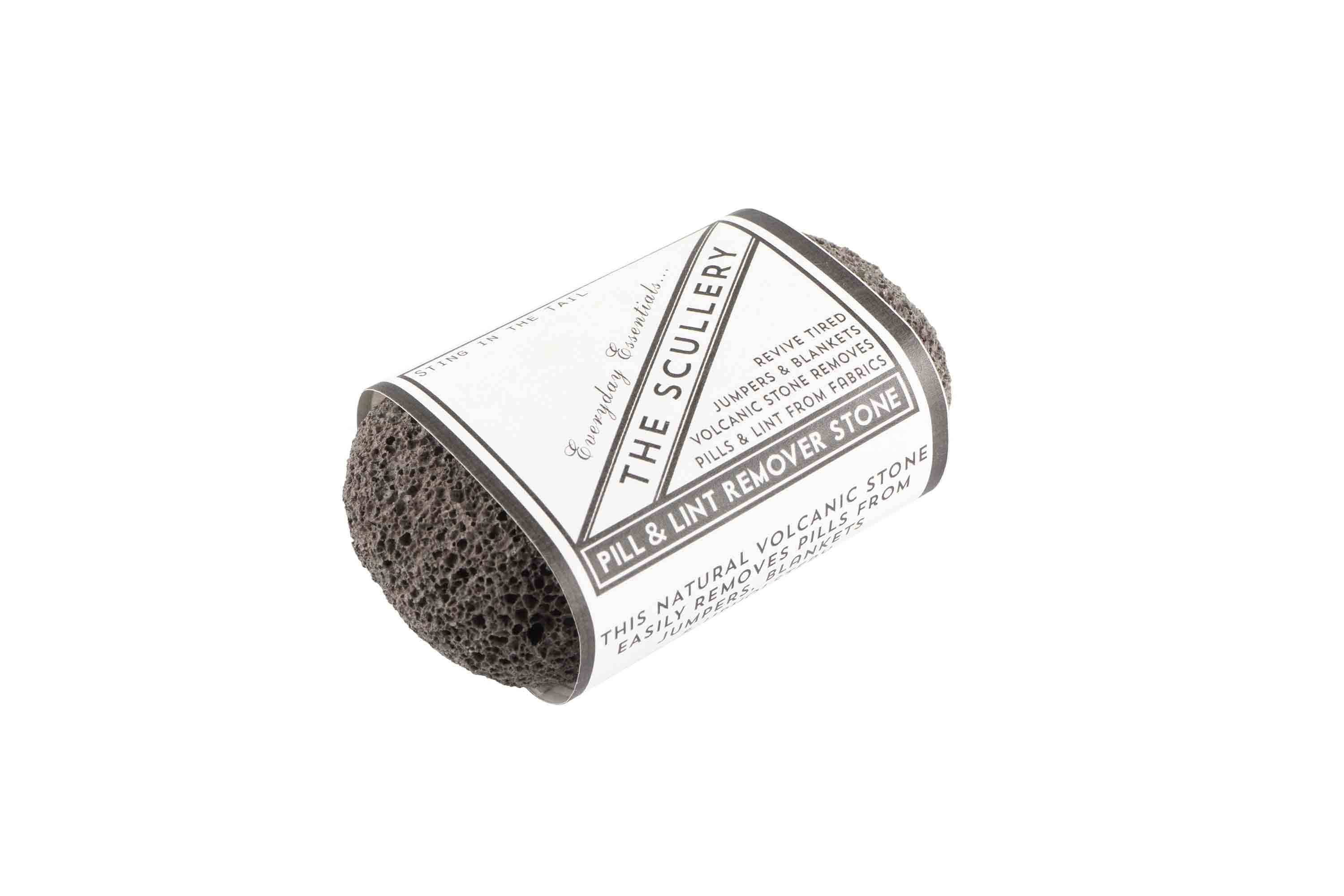 Pill and lint remover stone with 'The Scullery' branding on a white background