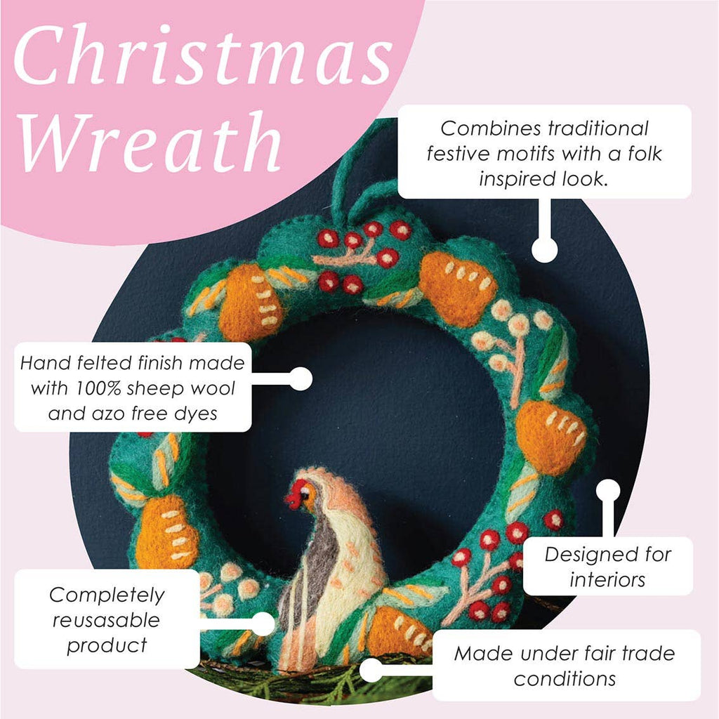 Partridge & Pear Felt Wreath | 25cm | Christmas Decor