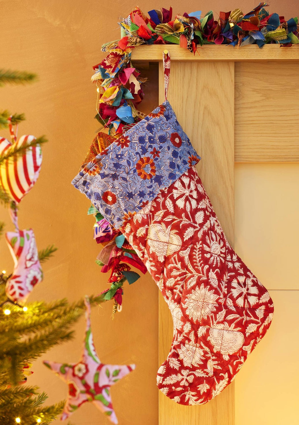 Blue and Red Floral Block Print Stocking - All Good Things