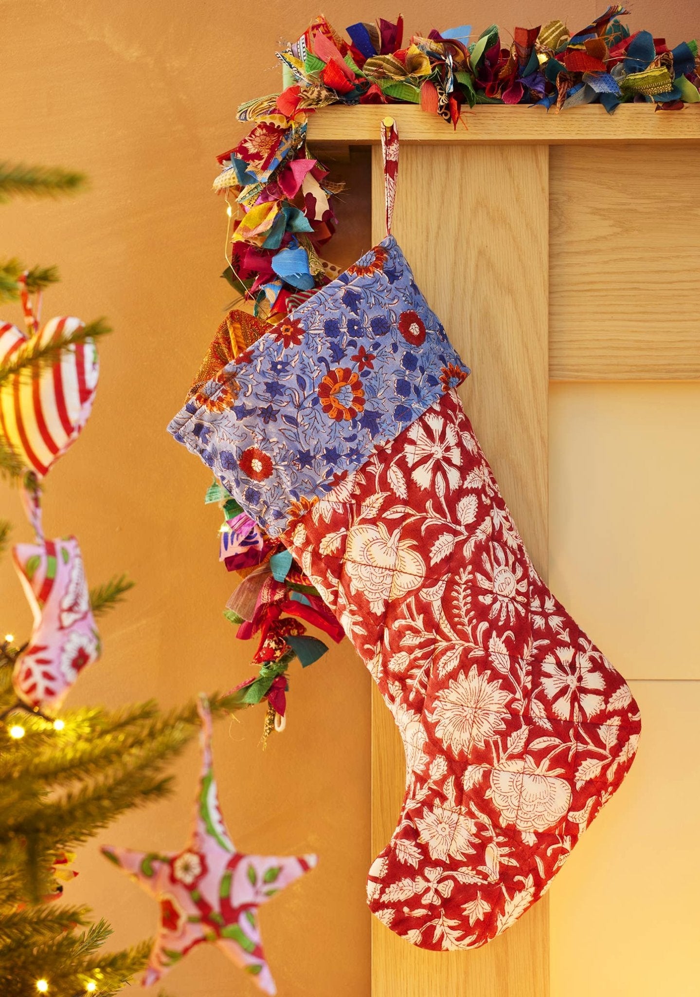 Blue and Red Floral Block Print Stocking - All Good Things