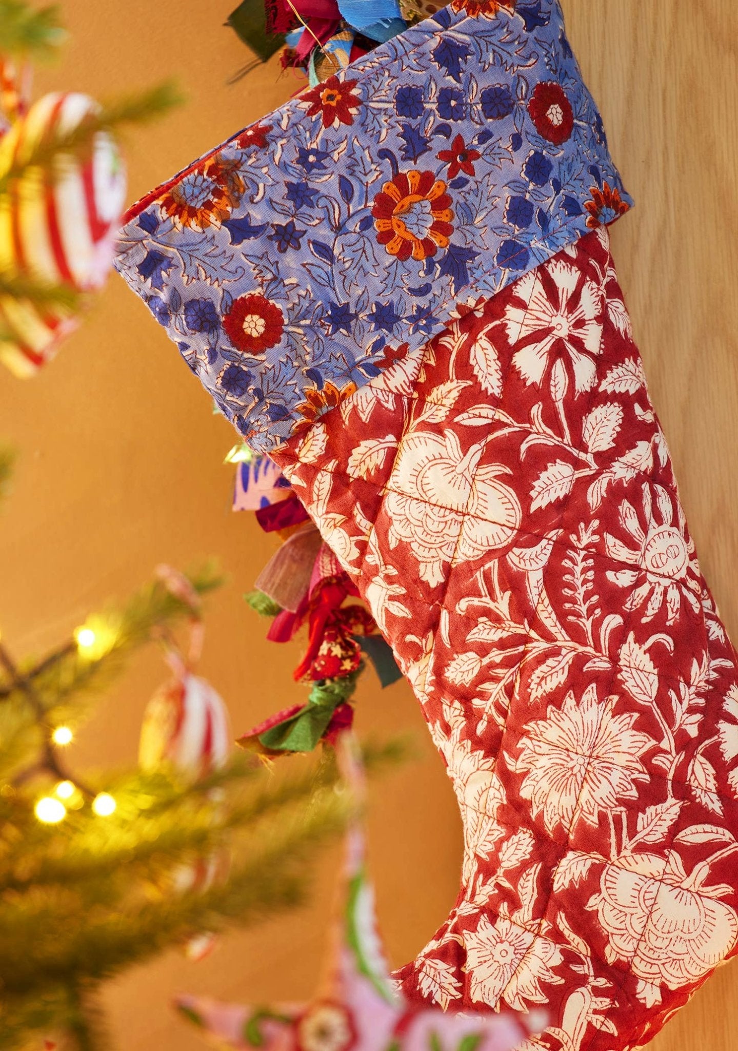 Blue and Red Floral Block Print Stocking - All Good Things