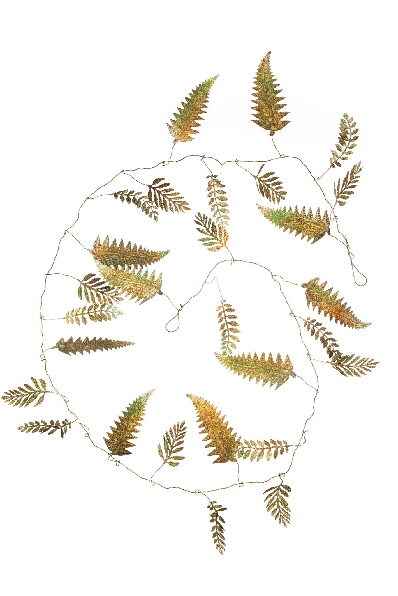 A curled garland of 25 bronze-green metal fern leaves against a white background - All Good Things