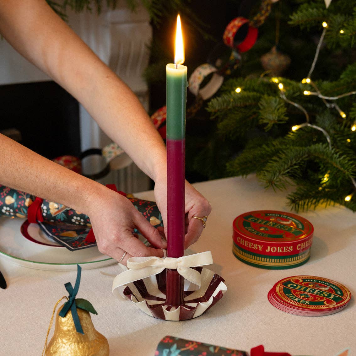 Burgundy Stripe Scalloped Candle Holder | Christmas Candle Holder | - All Good Things