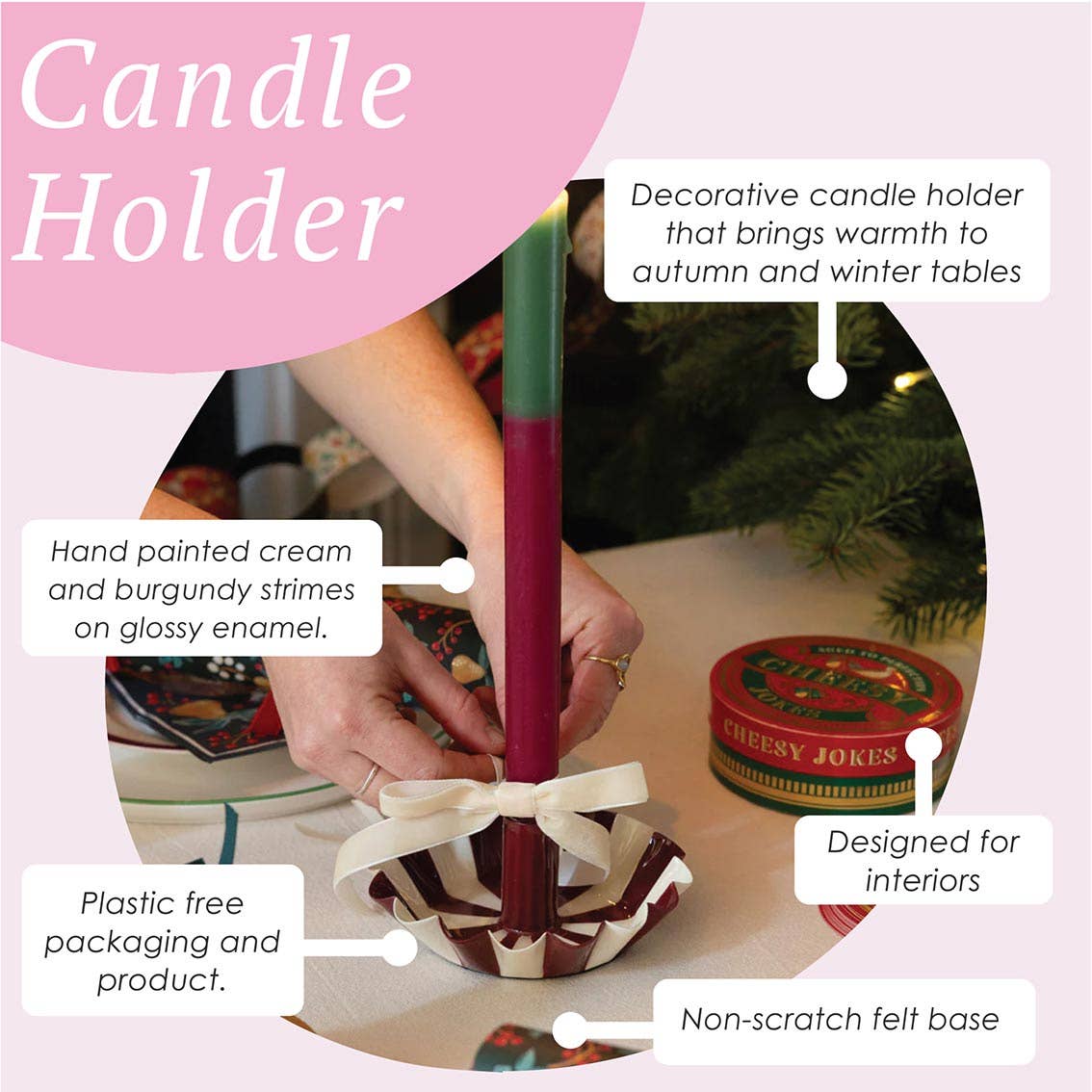 Burgundy Stripe Scalloped Candle Holder | Christmas Candle Holder | - All Good Things