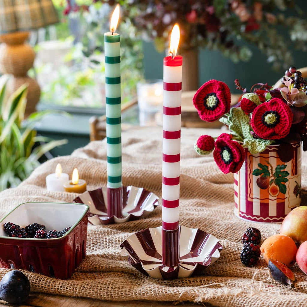 Burgundy Stripe Scalloped Candle Holder | Christmas Candle Holder | - All Good Things