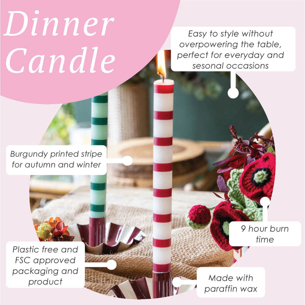 Burgundy & White Stripe Dinner Candles - 25 Unit Display | Home Decor | - All Good Things