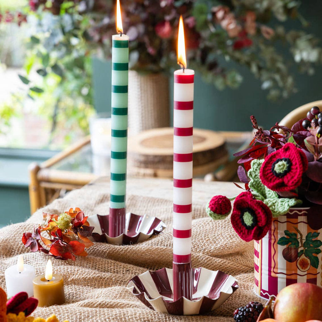 Burgundy & White Stripe Dinner Candles - 25 Unit Display | Home Decor | - All Good Things