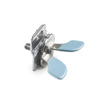 A stainless steel butterfly tin opener with blue handles on a white background - All Good Things