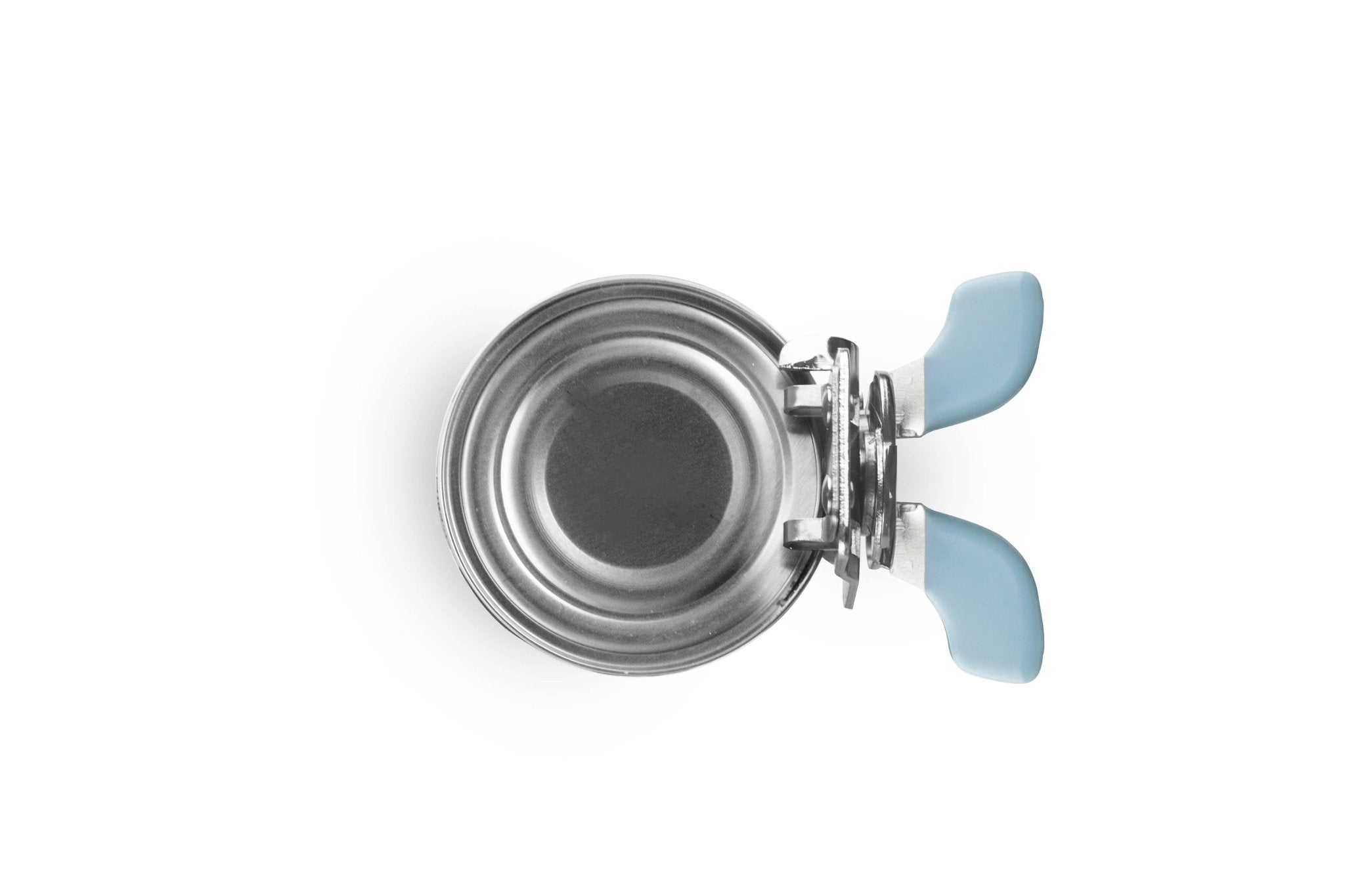 A stainless steel butterfly tin opener with blue handles on a white background - All Good Things