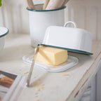 18.5cm x 10cm White Enamel Butter Dish - By Argon Tableware: Green