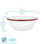 White bowl with red rim and measurements on a white background