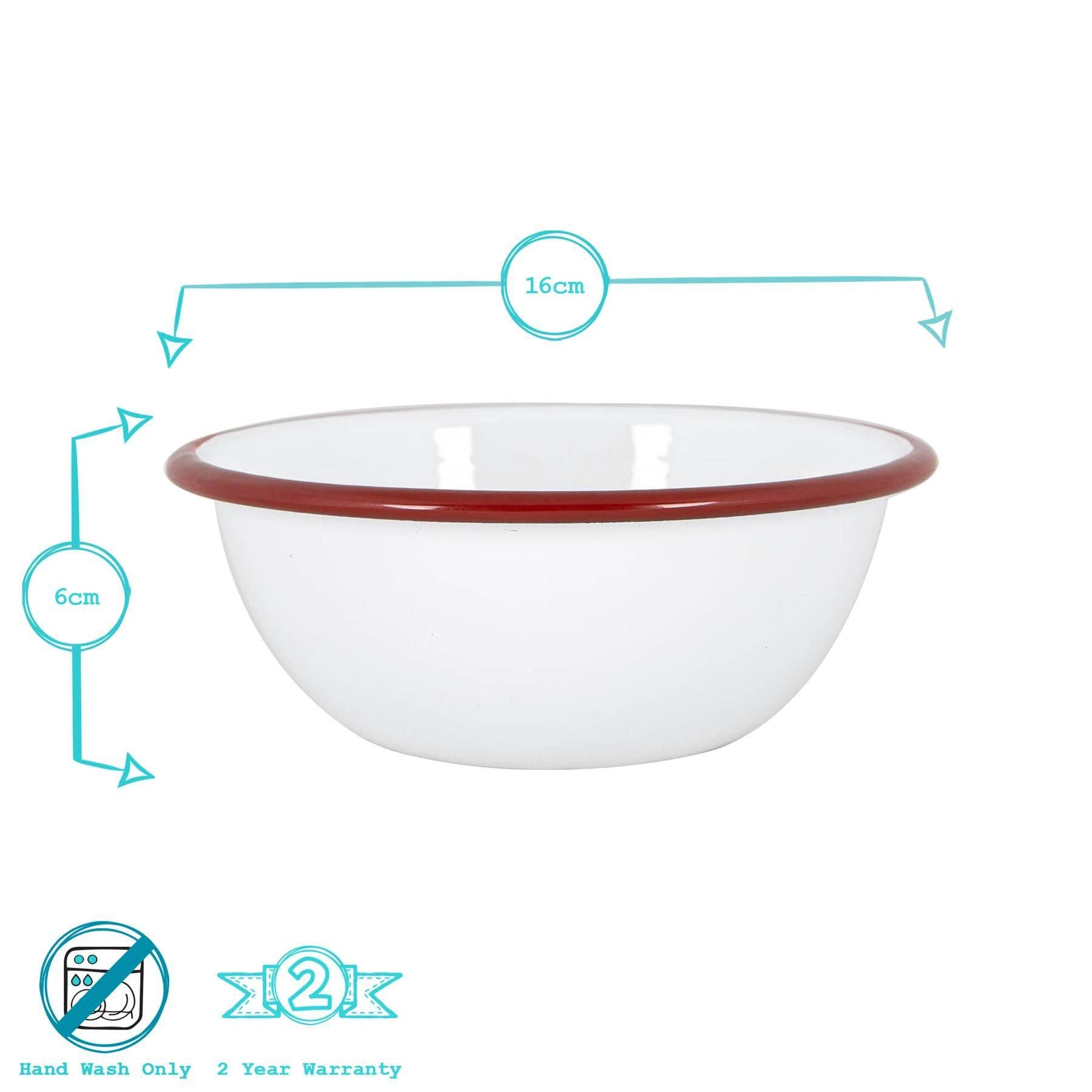 White bowl with red rim and measurements on a white background