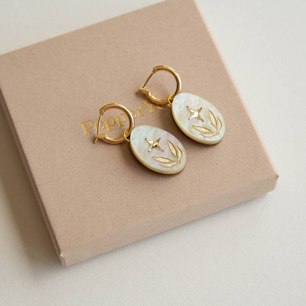 Celestial Seaweed Oval Hoop Earrings: Pearly - lemon - acrylic - with - gold - All Good Things