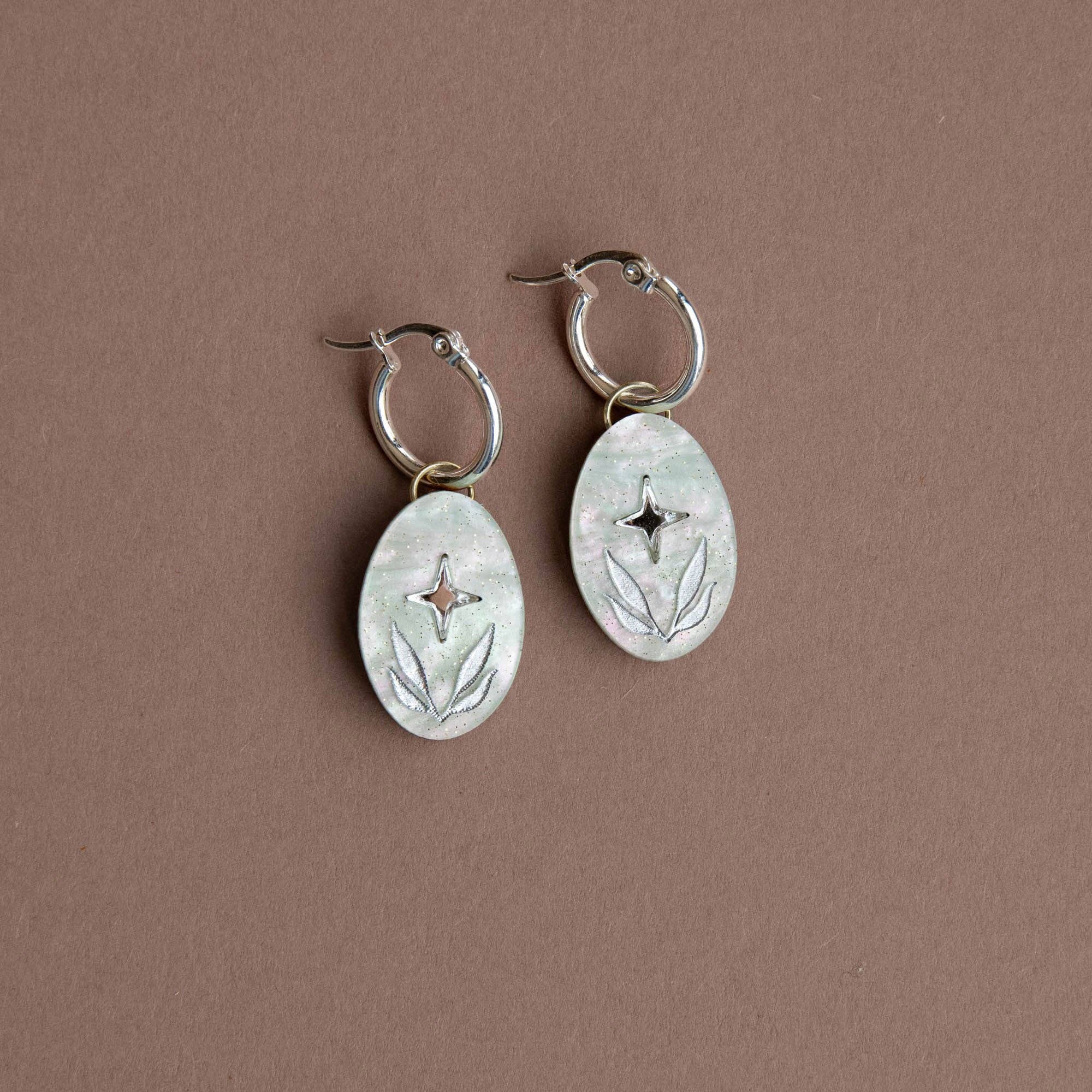 Celestial Seaweed Oval Hoop Earrings: Pearly - lemon - acrylic - with - gold - All Good Things