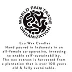 World Fair Trade Organization logo with text about eco wax candles made in Indonesia.