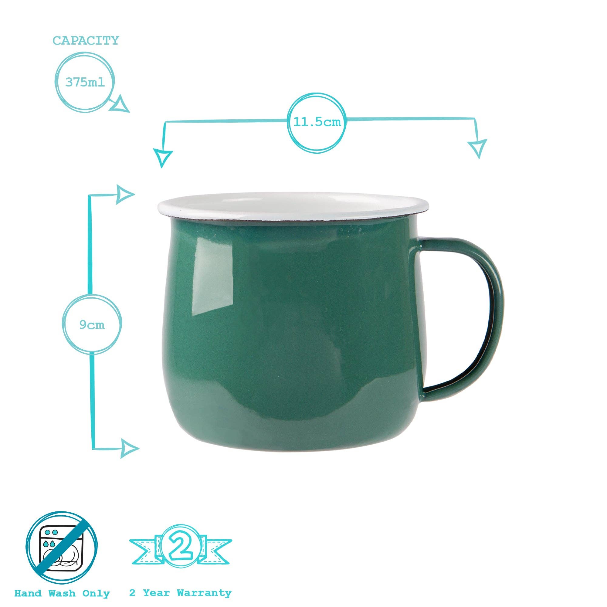 Green mug with measurements and product details on a white background