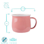 Pink mug with measurements and product details on a white background