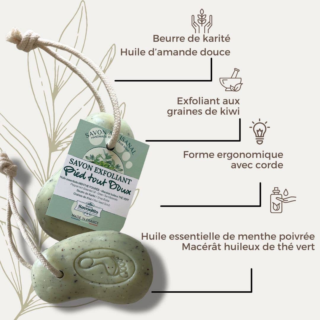 Exfoliating soap with a rope, featuring text on its benefits and ingredients.