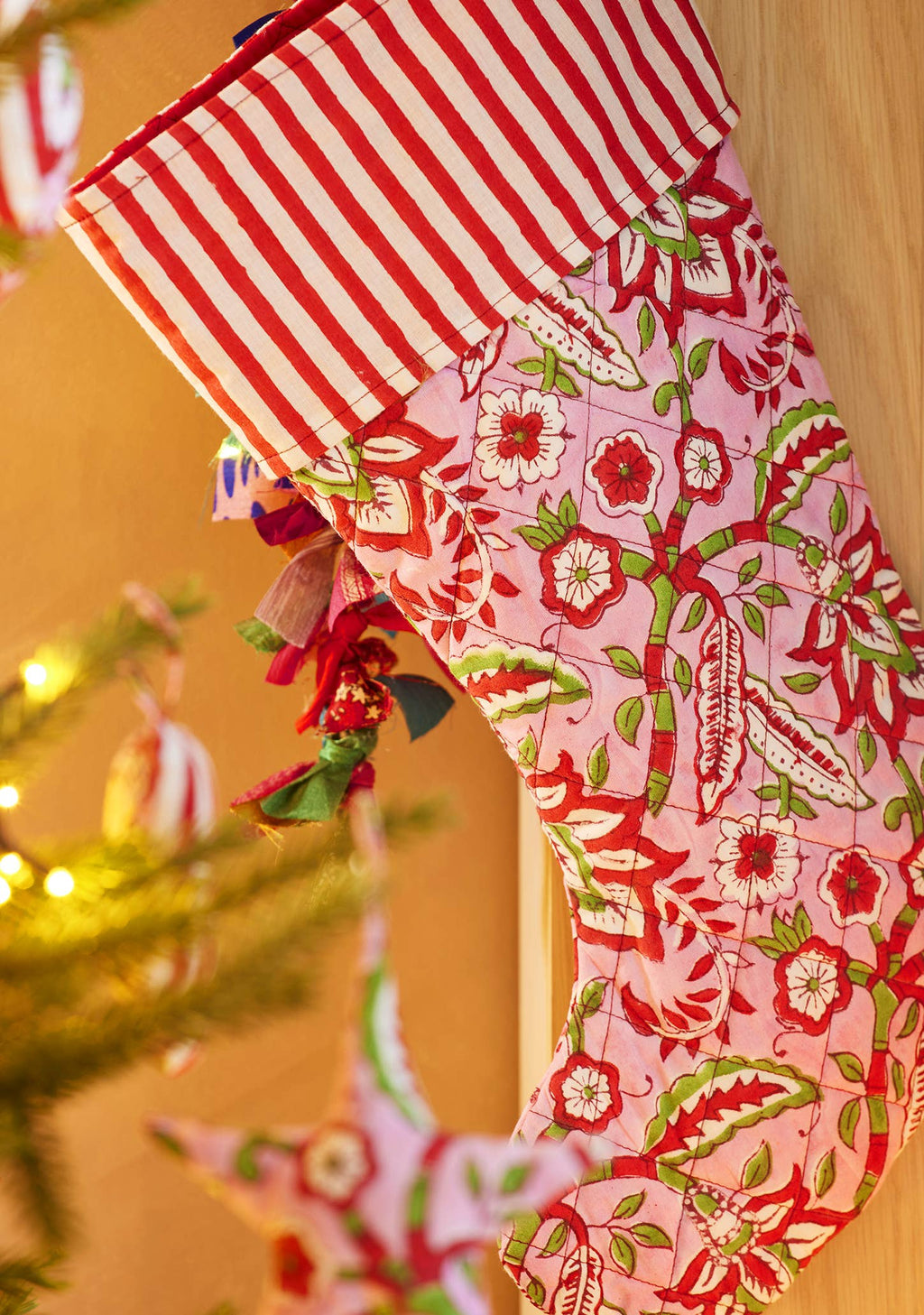 Pink Floral Block Print Christmas Stocking