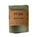Roll of green dish cloth with 're:gn' label on a white background