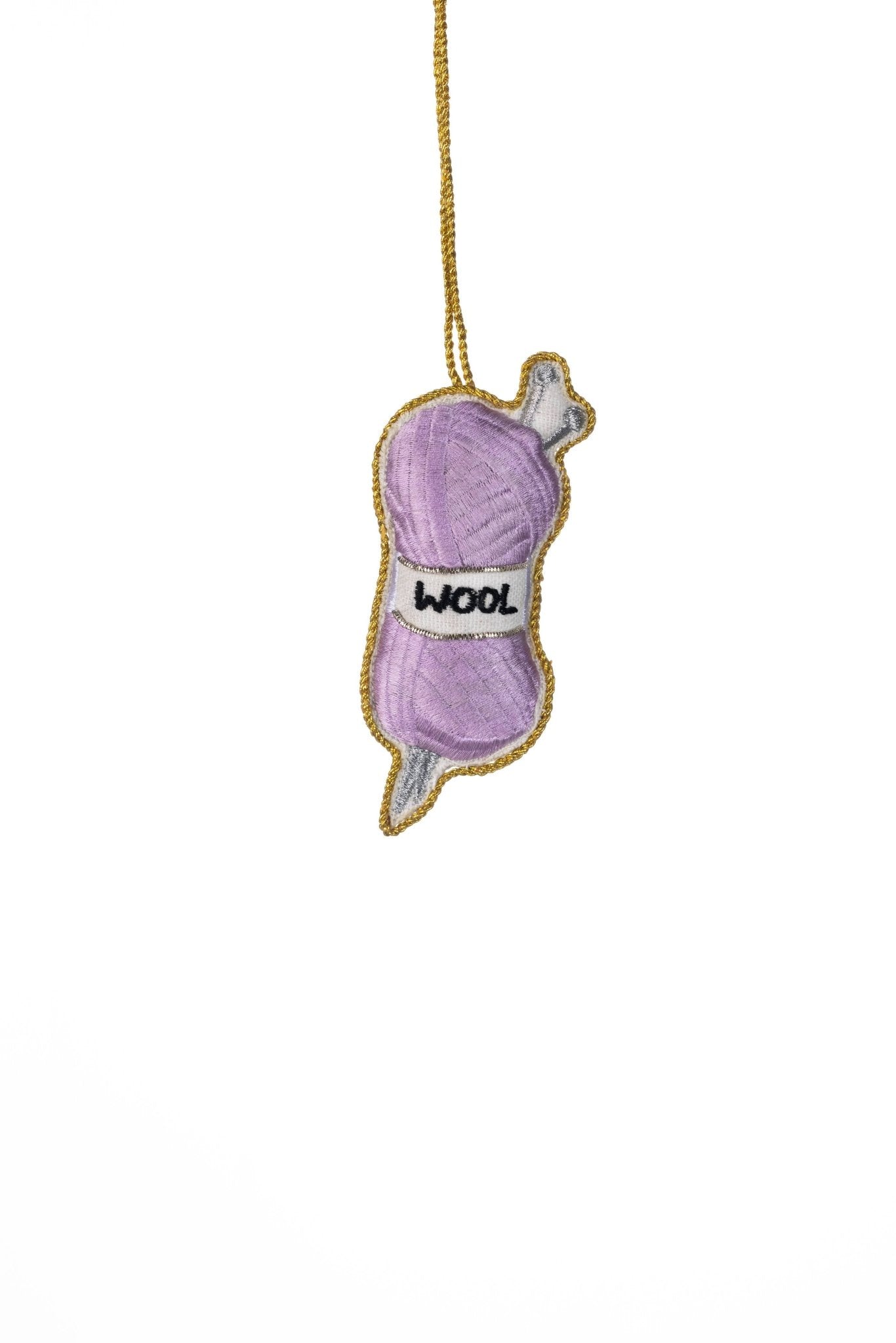 Padded light purple embroidered ball of wool ornament with a gold trim edge and hanging string - All Good Things
