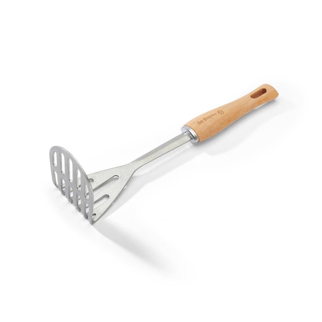 Metal masher with wooden handle on a white background
