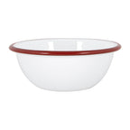 White bowl with a red rim on a white background