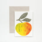 Greeting card with a yellow and orange fruit design on a white background
