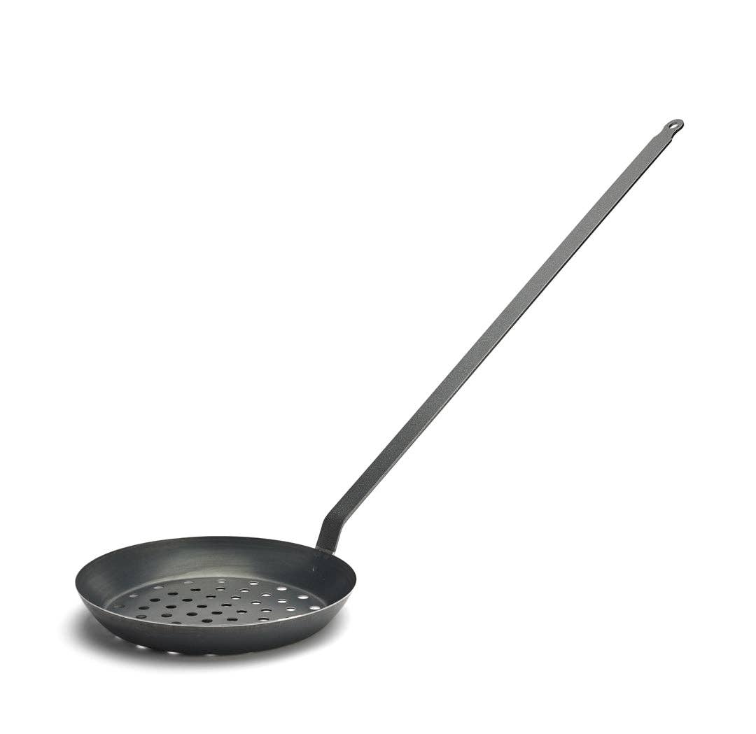 Black frying pan with a long handle on a white background