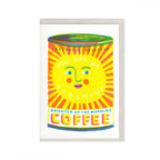 Colorful coffee can card with a face design and text on a white background