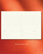 White planner sheet with weekly layout on a red background