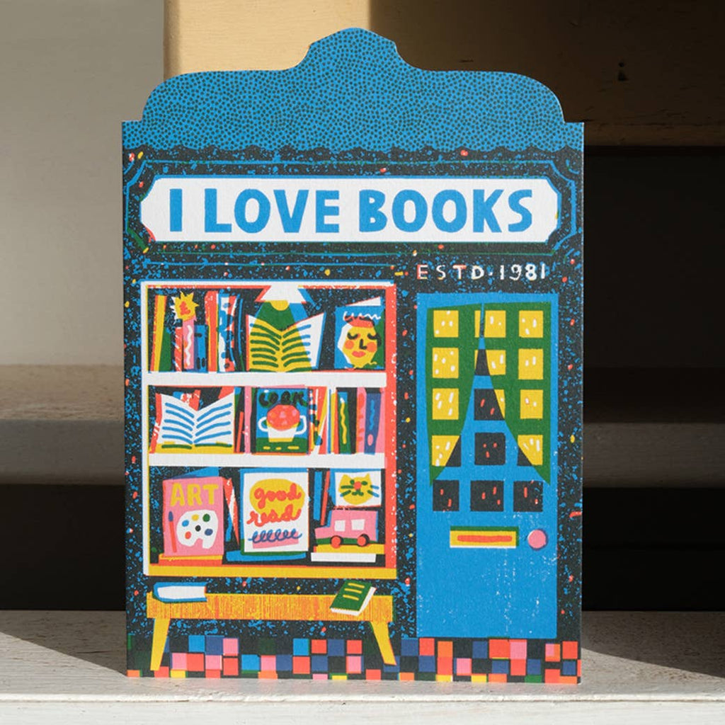Colorful book-themed card with 'I Love Books' text and a bookshelf illustration.