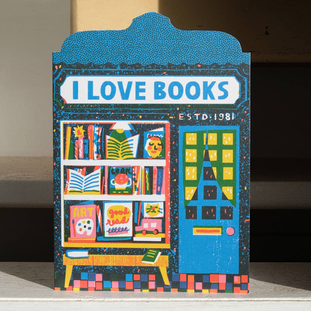 Colorful book-themed card with 'I Love Books' text and a bookshelf illustration.