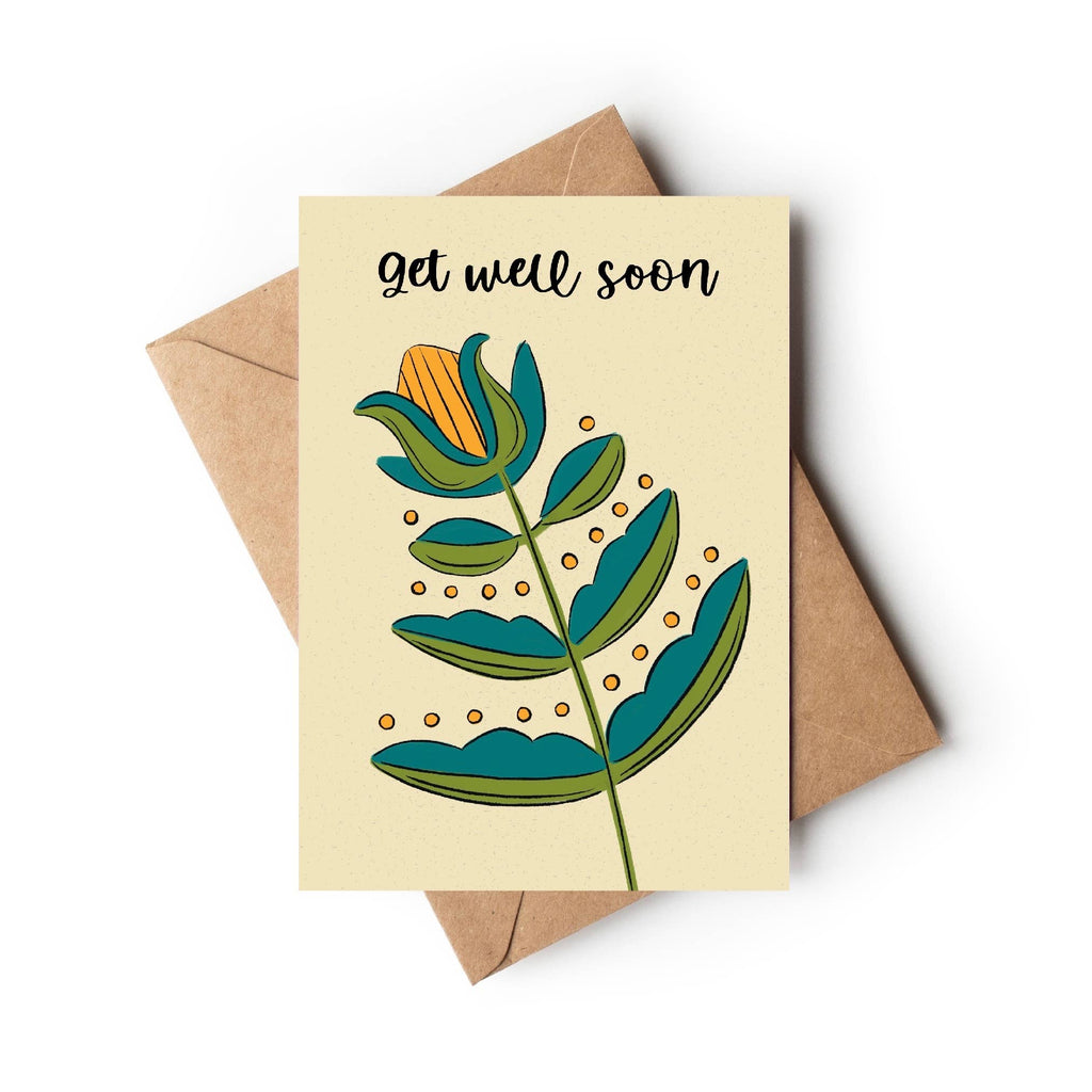 Get well soon folk floral card: Biodegradable cello bag - All Good Things