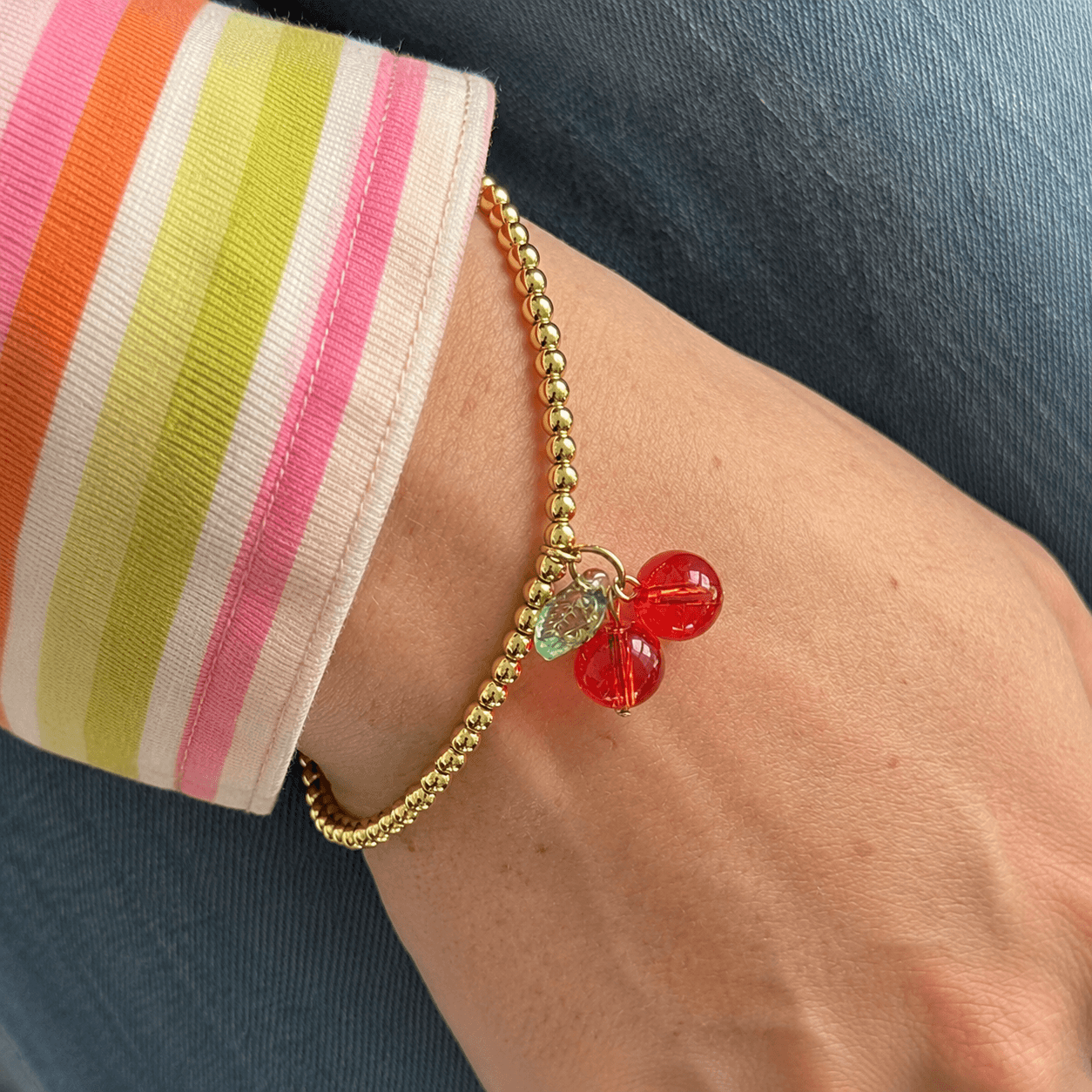 Glass Cherry Beaded Stretch Bracelet: Yellow Gold - All Good Things