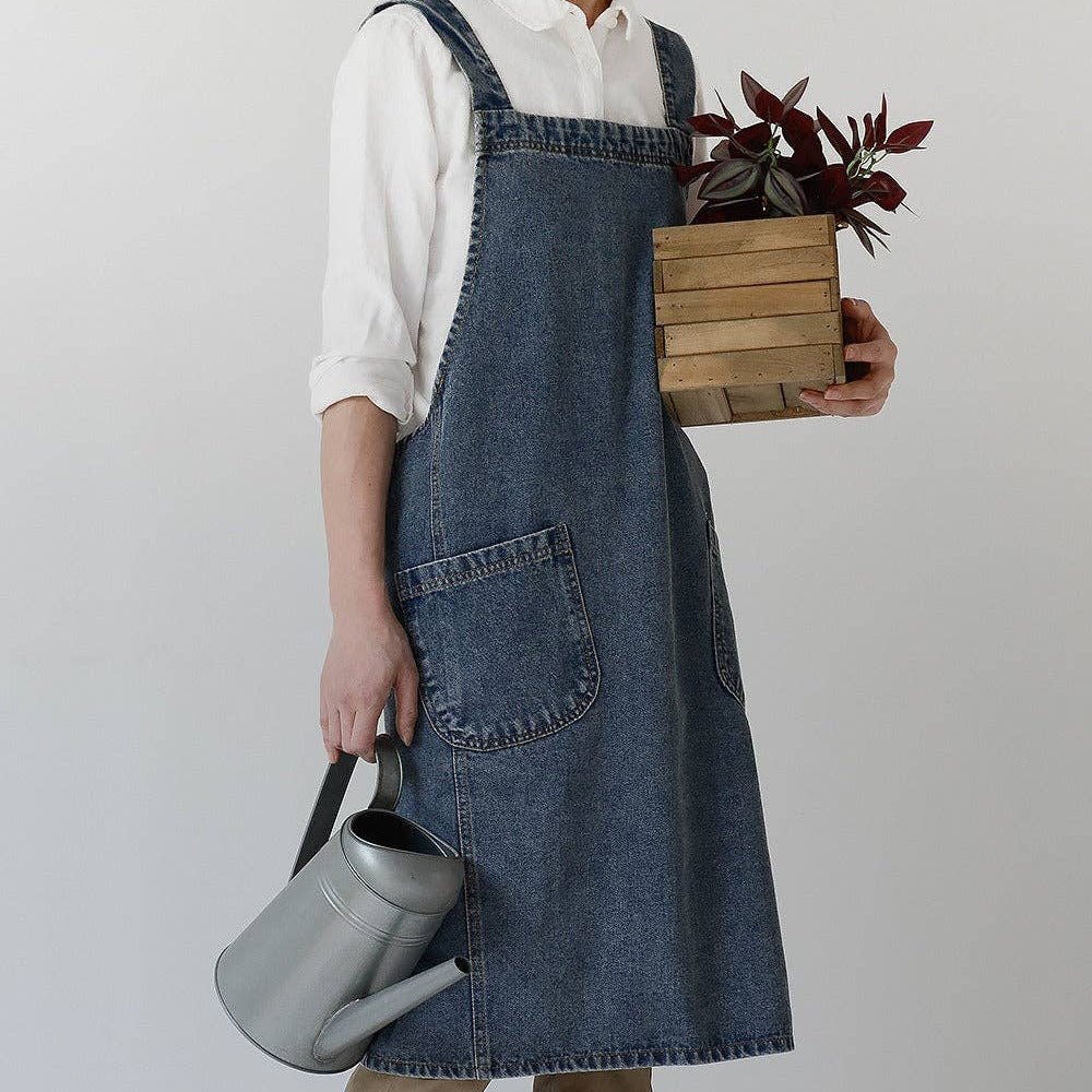 Japanese Style Washed Denim Cotton Apron | Dark Blue - All Good Things