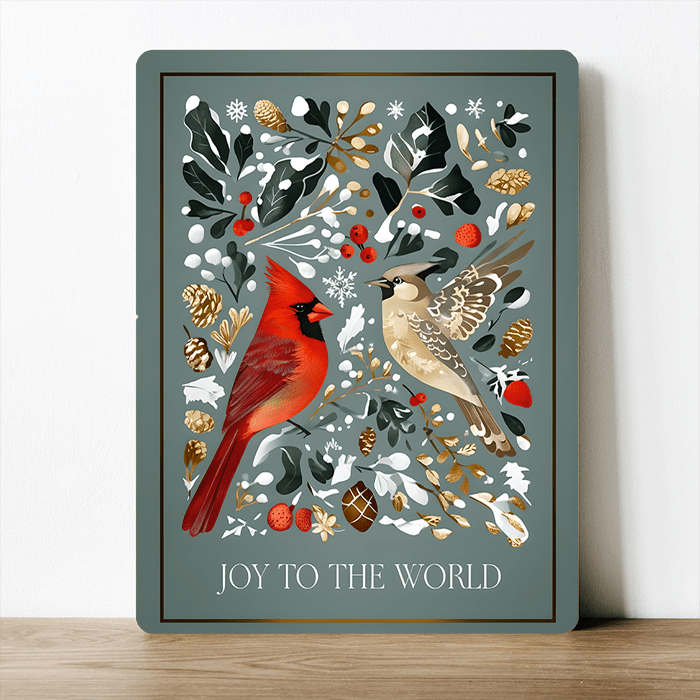 Joy to the World Christmas Birds Metal Sign Winter Foliage: 6x8inch - All Good Things