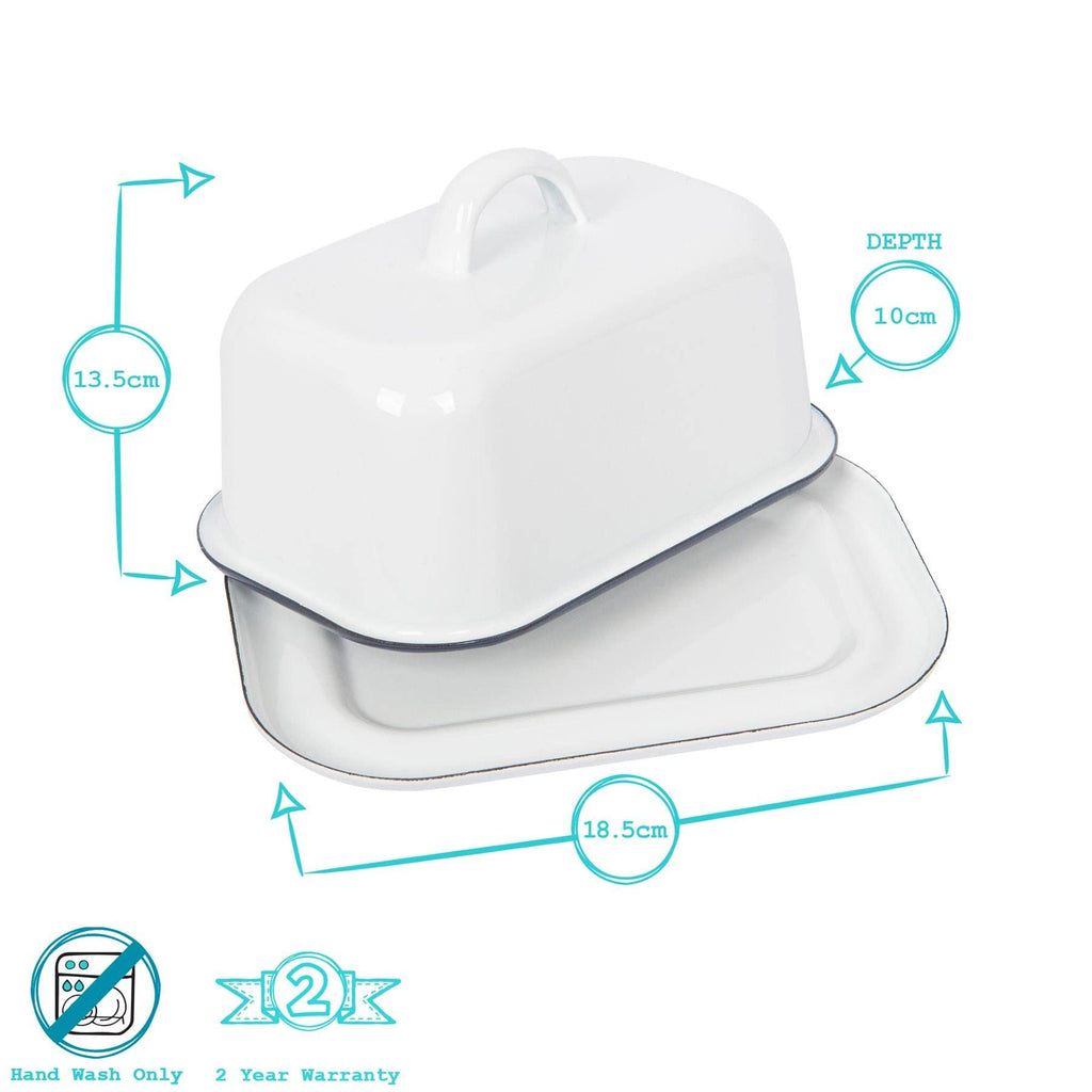 Large White Enamel Butter Dish With Green Trim - All Good Things