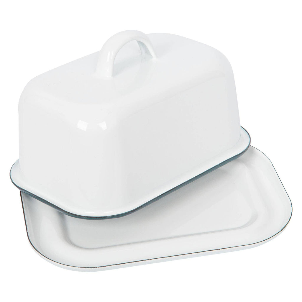 Large White Enamel Butter Dish With Green Trim - All Good Things
