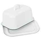 Large White Enamel Butter Dish With Green Trim - All Good Things