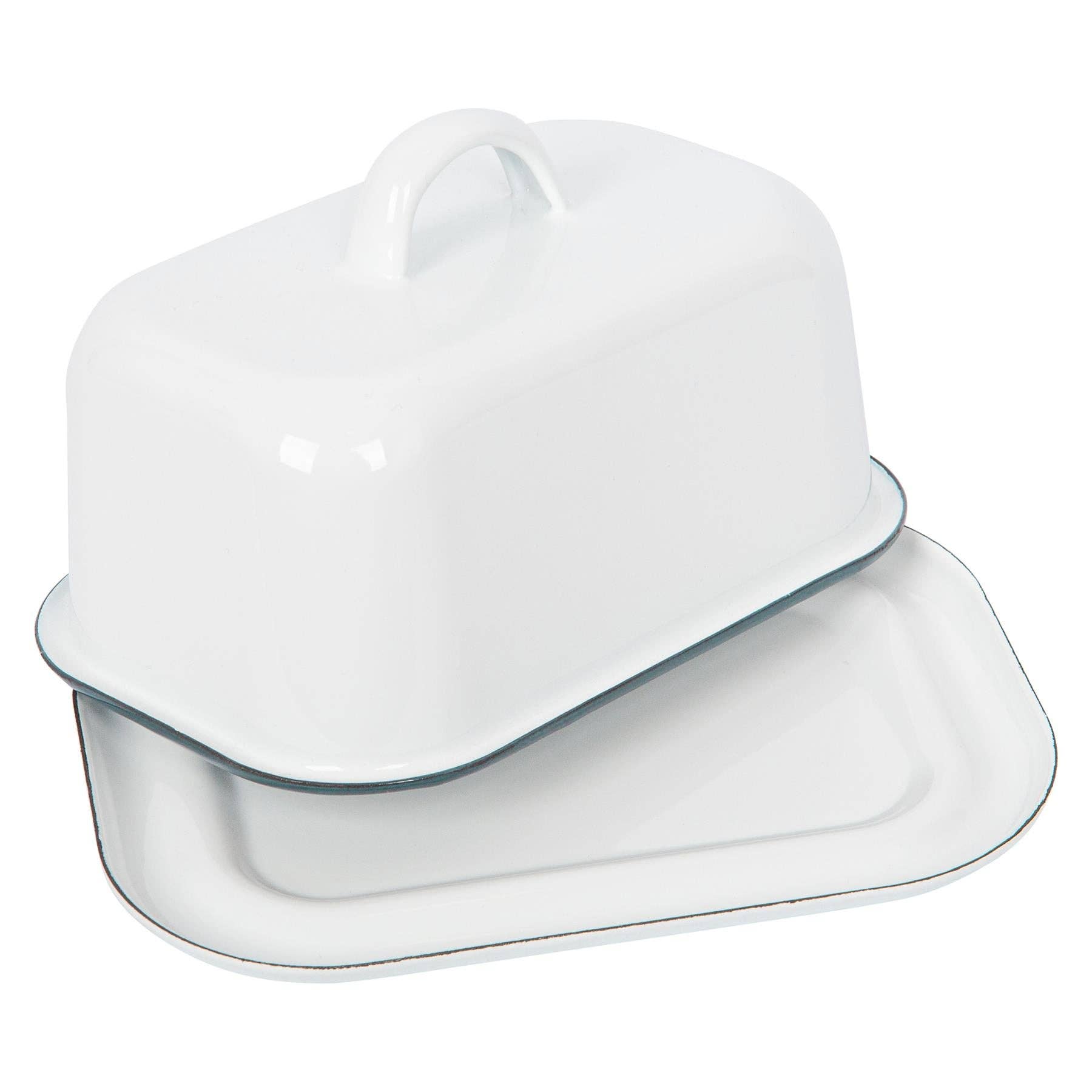 Large White Enamel Butter Dish With Green Trim - All Good Things