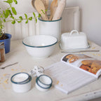 Large White Enamel Butter Dish With Green Trim - All Good Things