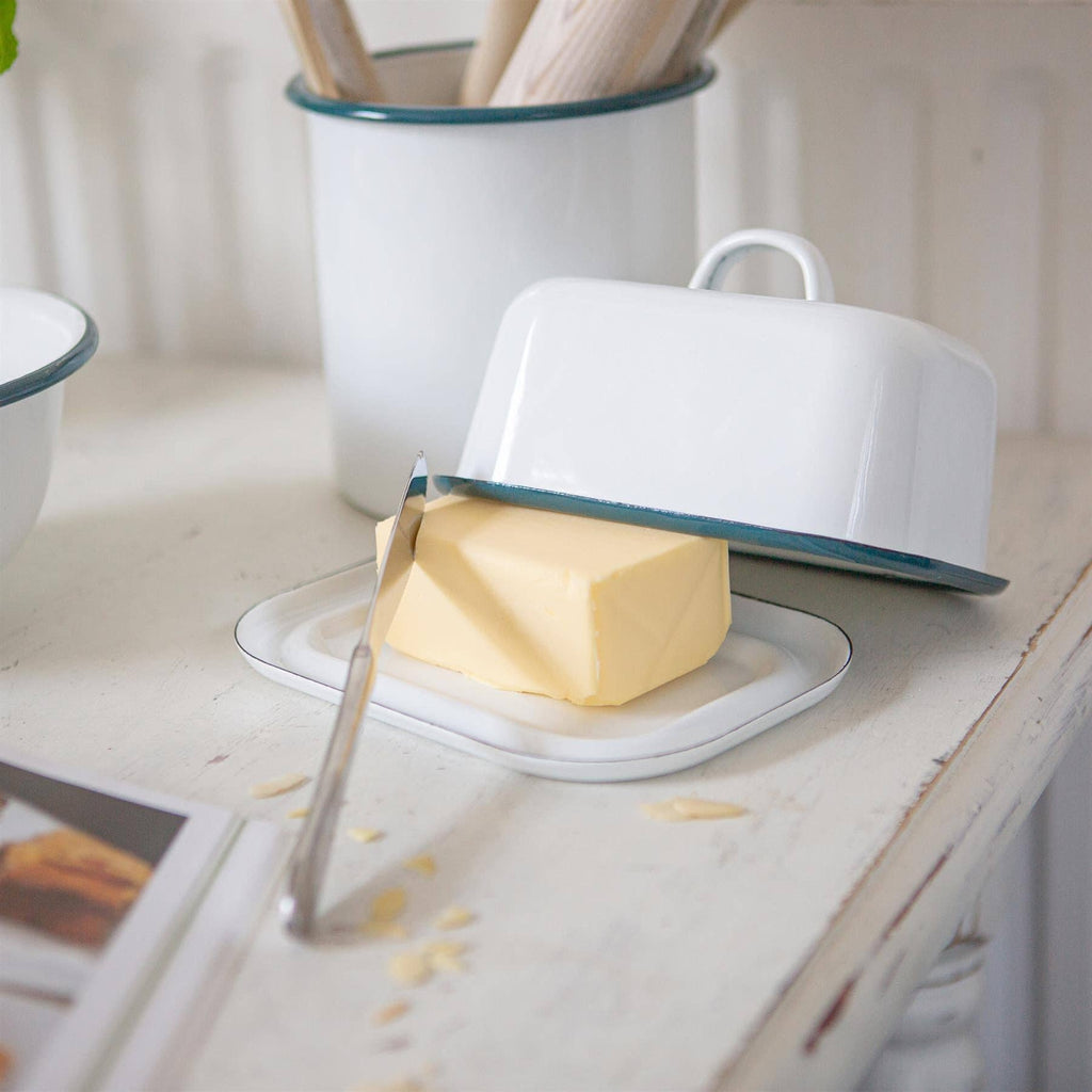Large White Enamel Butter Dish With Green Trim - All Good Things