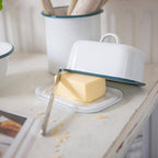 Large White Enamel Butter Dish With Green Trim - All Good Things