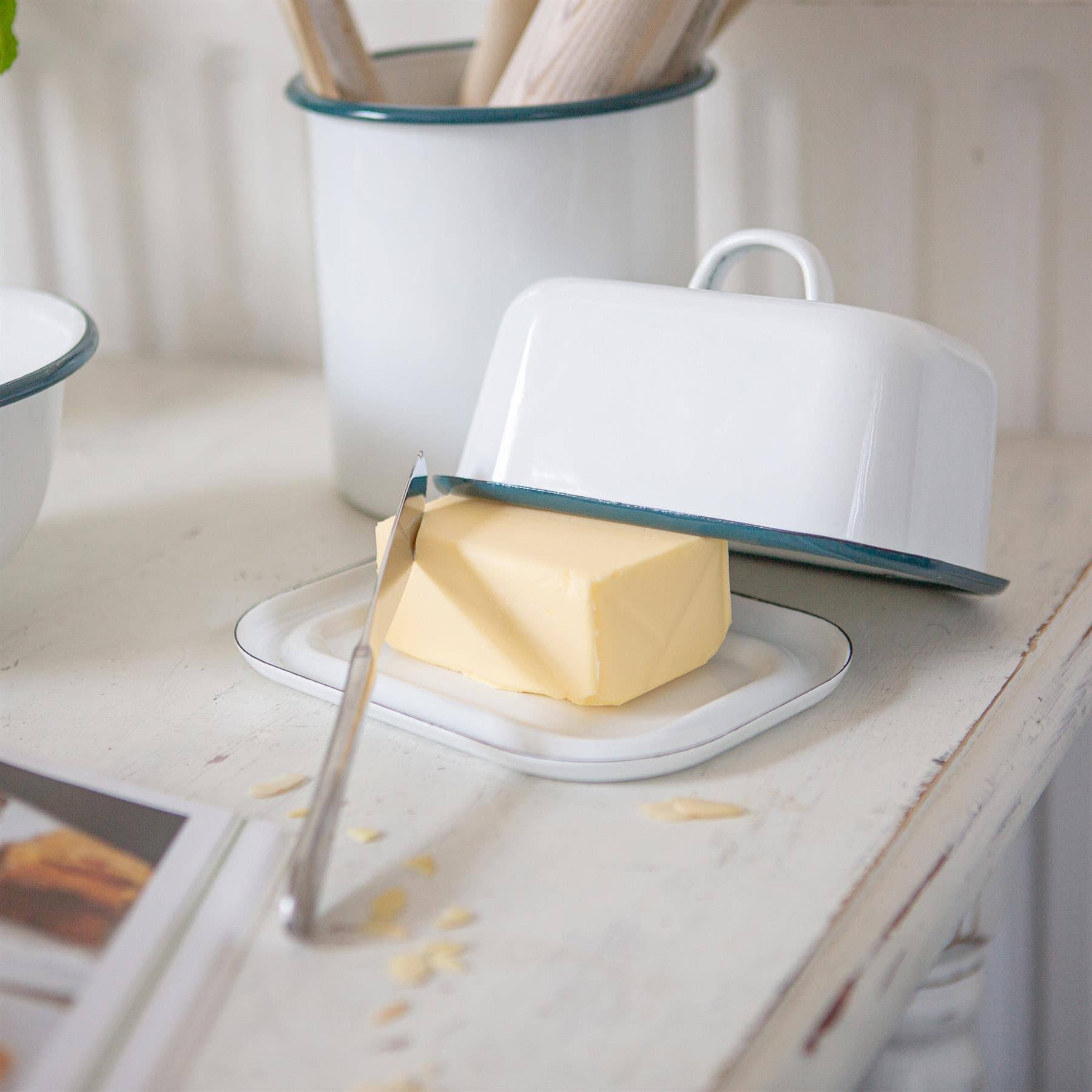 Large White Enamel Butter Dish With Green Trim - All Good Things